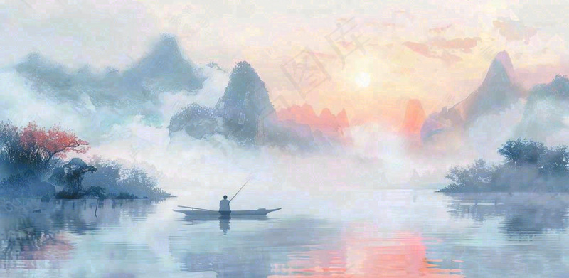 中国风意境水墨山水风景插画背景(1568x768)