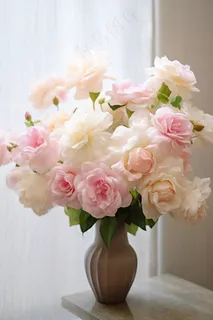 白粉花玫瑰鲜花花瓶家居摄影图