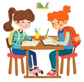 学生们坐着课桌上学习交流写作业卡通插画免抠
