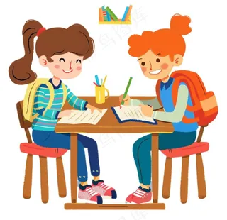 学生们坐着课桌上学习交流写作业卡通插画免抠