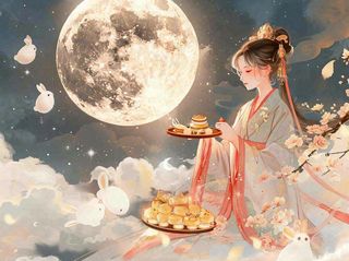 中秋节嫦娥玉兔月下嫦娥手捧月饼插图卡通唯美手绘可爱古风插画壁纸背景