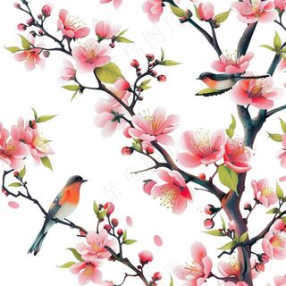 春天桃花树枝小鸟插画免抠