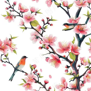 春天桃花树枝小鸟插画免抠