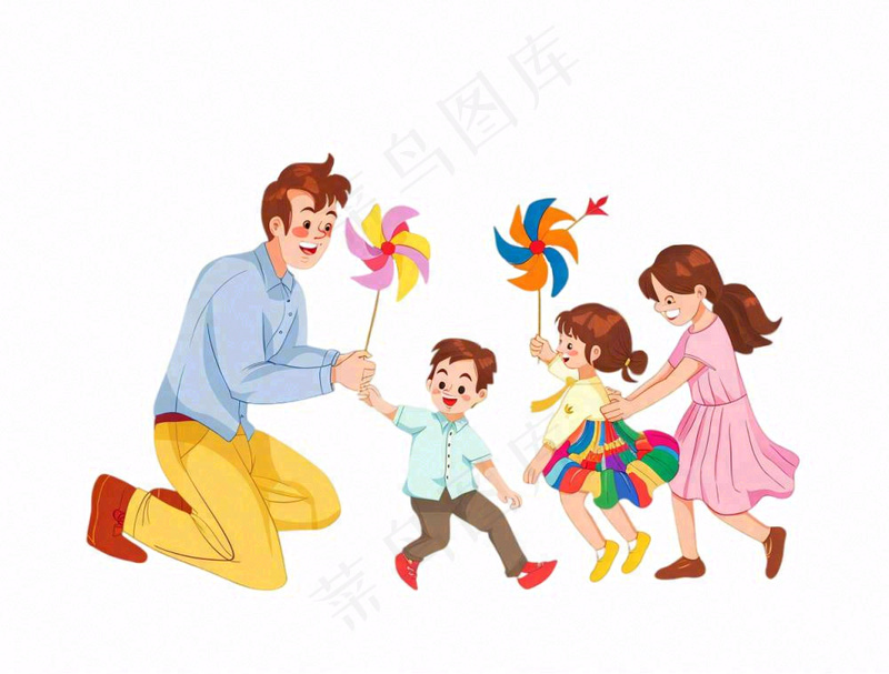 一家人玩耍放风车出游卡通人物插画免抠(1264x960)