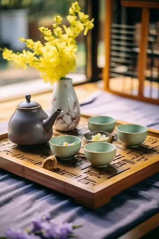 下午茶喝茶赏花摄影图