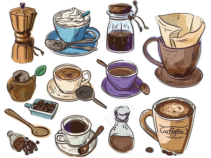 咖啡元素手绘卡通插画素材免抠