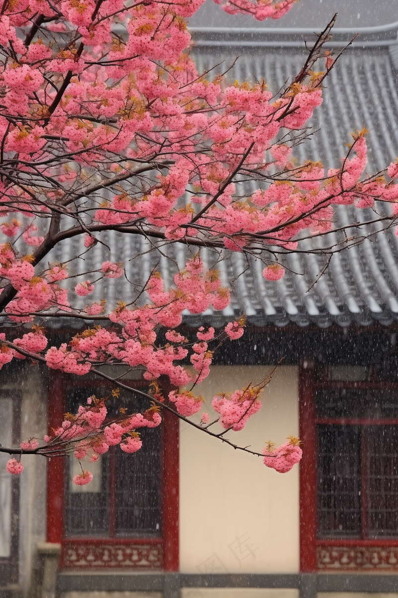 粉梅花春天桃花樱花树枝抽新芽摄影图