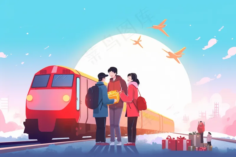 中国传统节日春节除夕春运赶火车回家团聚的人物插画海报背景(4032x2688)
