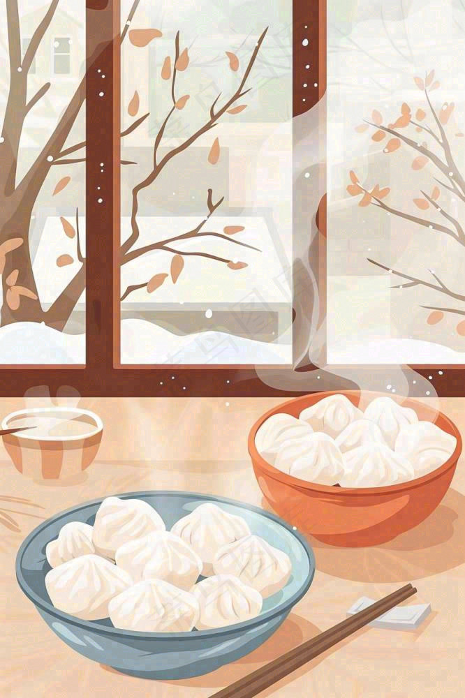 冬至吃饺子中国传统美食节日插画背景(896x1344)