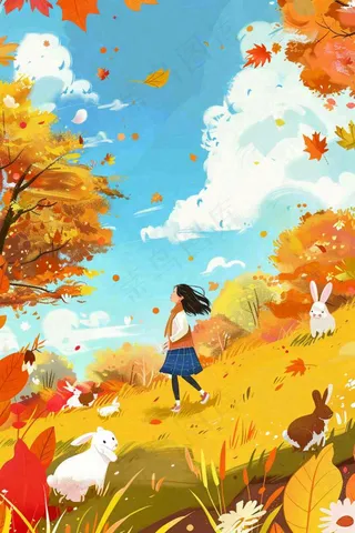 秋天秋意浓森林公园女孩白兔金黄树木草丛蓝天白云立秋秋分卡通插画背景