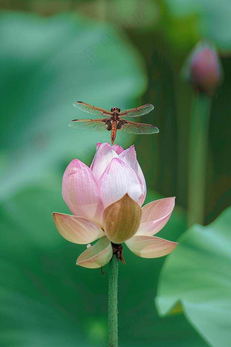 夏日荷花上的蜻蜓早有蜻蜓立上头摄影图