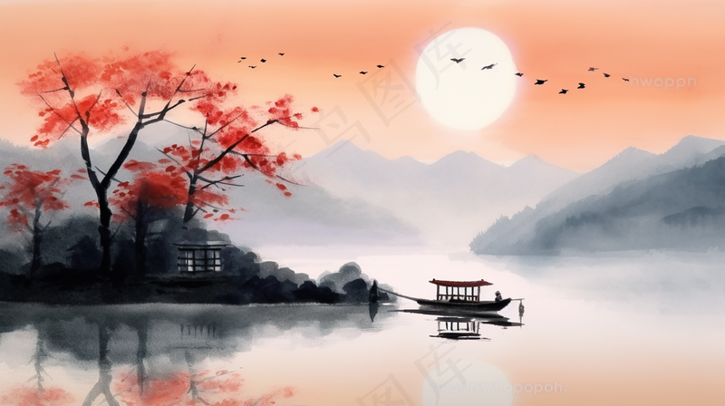 国风山水画江面小船国画水墨画素材背景(4368x2448)