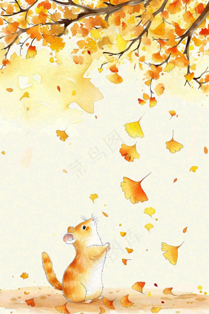 秋天银杏树下的松树秋意金黄色立秋秋分白露唯美插画背景(896x1344)