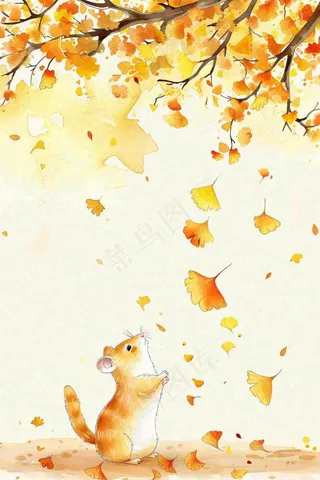 秋天银杏树下的松树秋意金黄色立秋秋分白露唯美插画背景