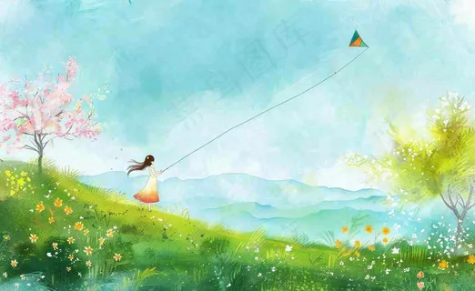 春天插画春天放风筝插画唯美桃花风筝植物春分春季山水风插画背景