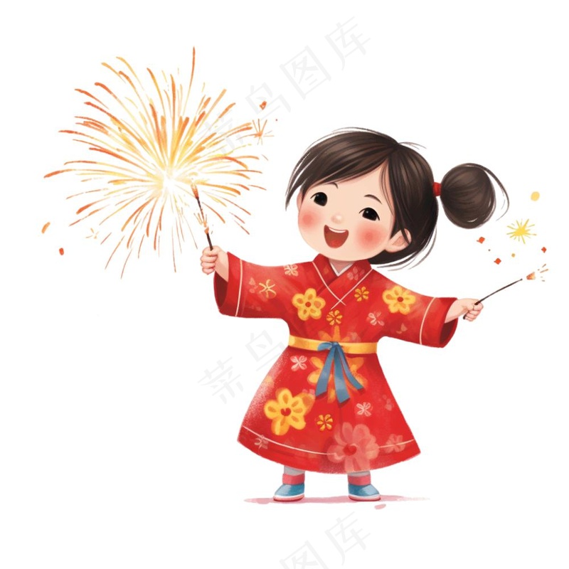新年放烟花庆祝春节儿童开心过大年卡通插画免抠