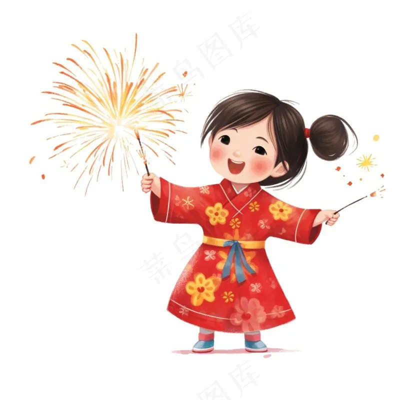 新年放烟花庆祝春节儿童开心过大年卡通插画免抠(1024x1024)