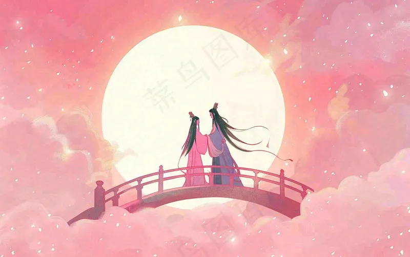 七夕牛郎织女鹊桥相会情侣恋人粉色浪漫梦幻唯美情人节插画背景(1376x864)