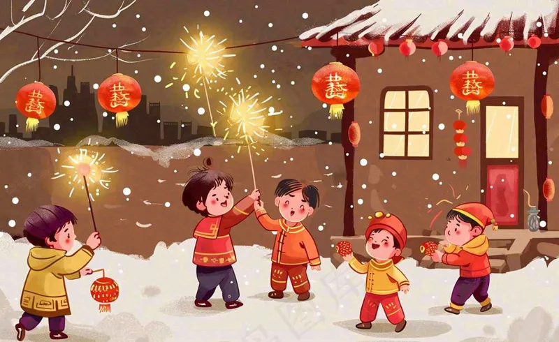 卡通新年除夕夜孩童放烟花鞭炮团聚喜庆春节插画过年背景(1408x864)