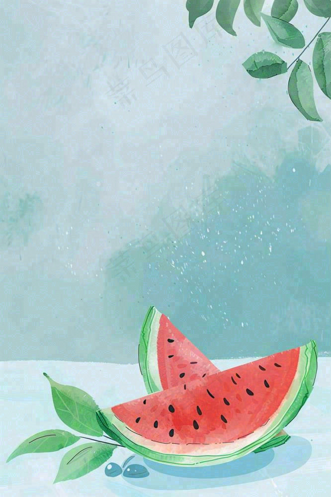 夏日清凉西瓜水彩绘画立夏小暑处暑夏至插画背景(896x1344)