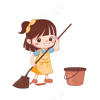 扫地的小女孩搞卫生劳动卡通插画免抠