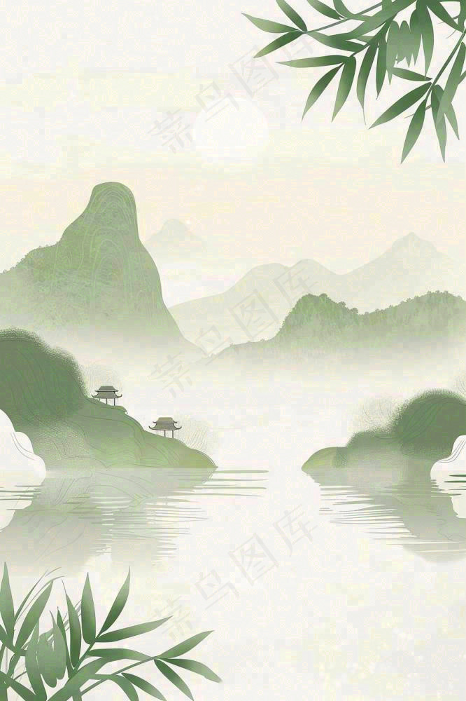 水墨画山水小船绿水青山清明端午插画背景