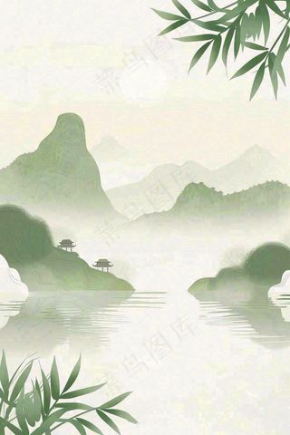 水墨画山水小船绿水青山清明端午插画背景