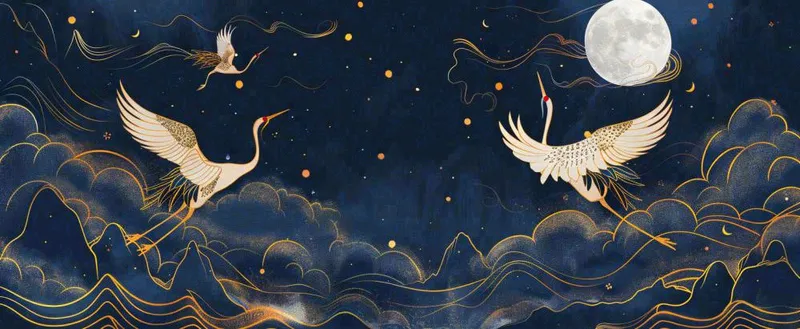 国潮山水中国风手绘祥云仙鹤插画古风唯美山水风景动物蓝金背景(1568x646)