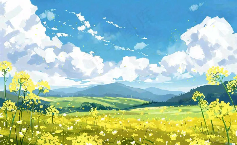 春天油菜花田蓝天白云惊蛰春分卡通插画背景(1408x864)