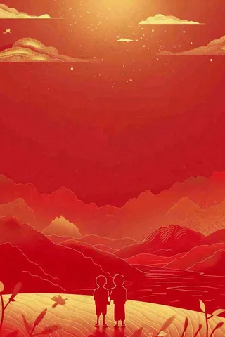 红色金光日落祖国河山鸽节日喜庆国庆插画背景