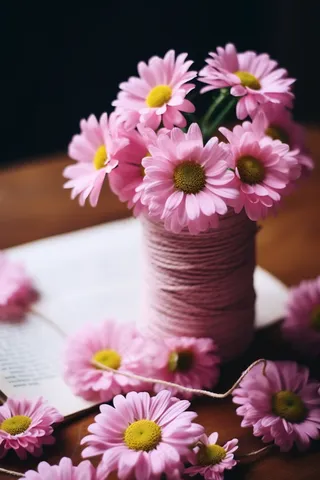 书桌上的粉色雏菊摄影图