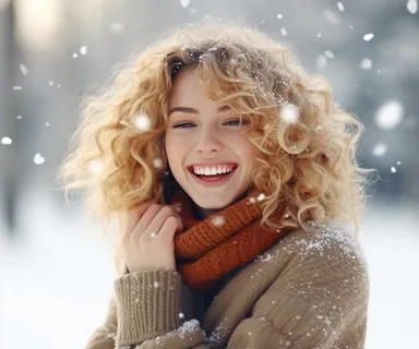 下雪天雪地里赏雪的女孩开环大笑摄影图