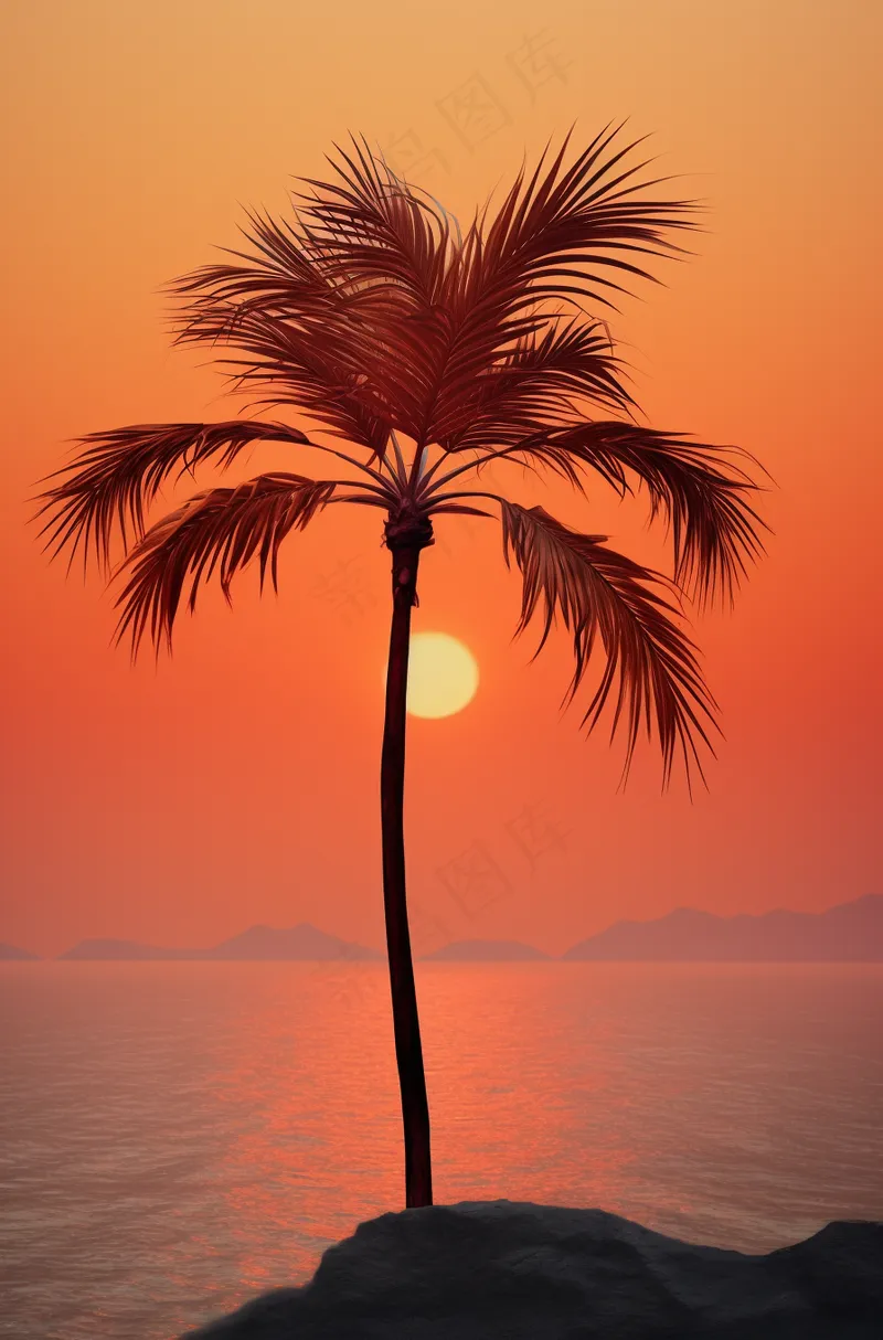 夏日沙滩椰树海边落日余晖晚霞摄影图(2688x4080)