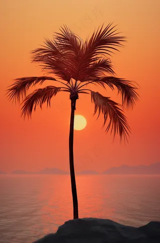 夏日沙滩椰树海边落日余晖晚霞摄影图