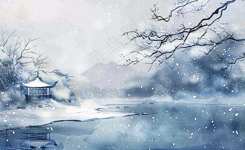 古风水墨中国风风景冬天凉亭雪花大寒小雪大雪插画背景(1408x864)