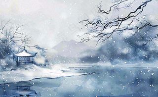 古风水墨中国风风景冬天凉亭雪花大寒小雪大雪插画背景