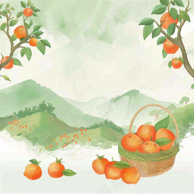 秋天丰收季果树成熟果篮橘子黄杏处暑立秋秋分卡通插画背景(1024x1024)