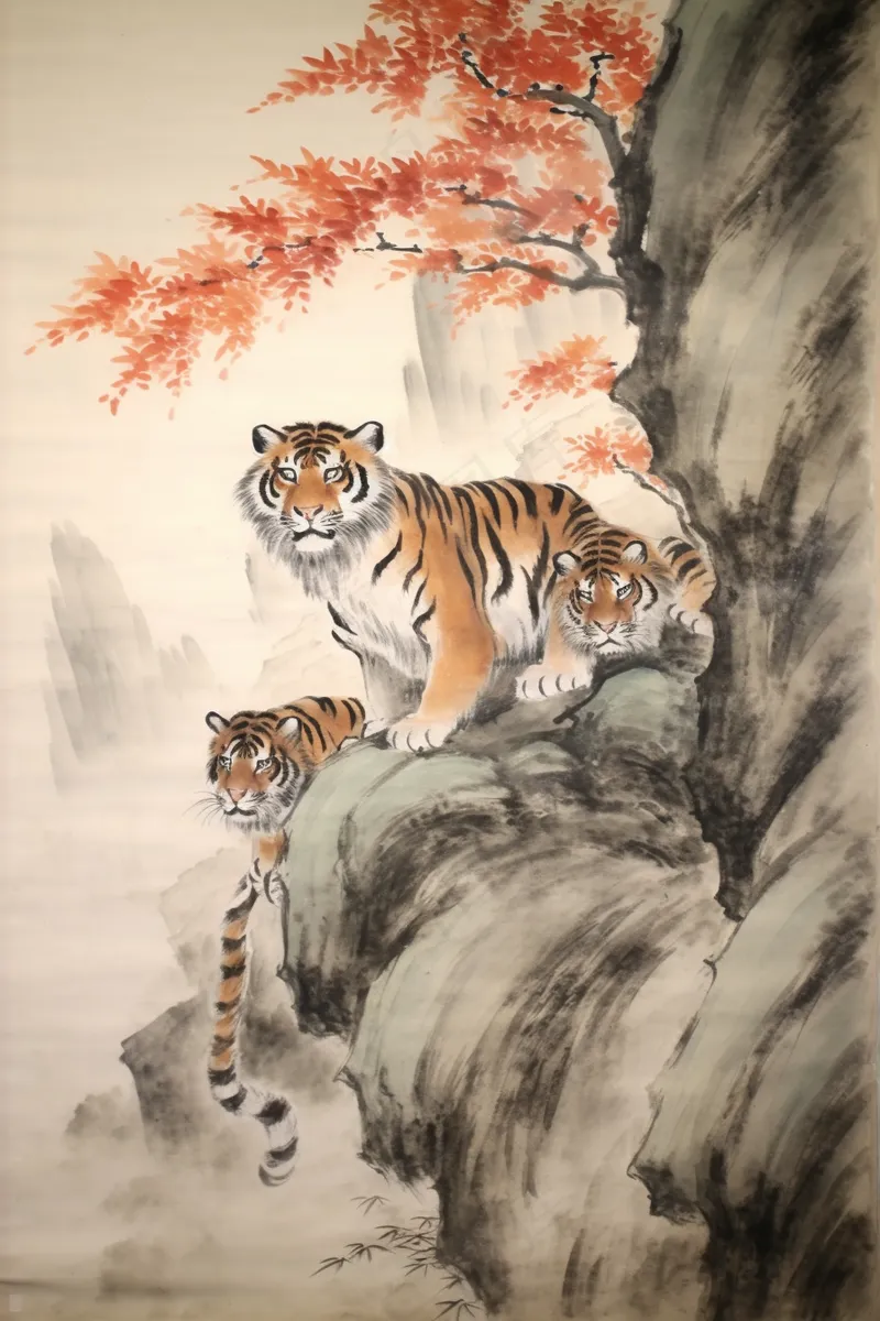 悬崖峭壁上的老虎动物山峦国画水墨画素材背景(2688x4032)