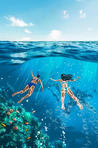 海边水里玩耍的人卡通插画背景