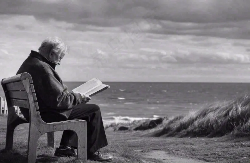 黑白简约坐着海边长椅看书的老人白发重阳节父亲节摄影图(1344x880)