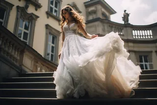 落跑新娘白色婚纱教堂楼梯摄影图