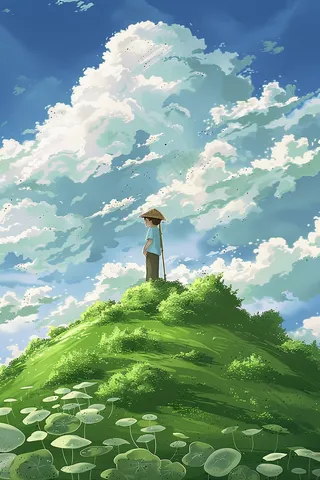 夏日天空之境男孩白云蓝天绿草地插画背景