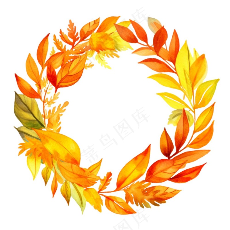 枫叶落叶树叶简约秋天圆形边框水彩画插画免抠