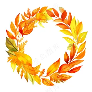 枫叶落叶树叶简约秋天圆形边框水彩画插画免抠