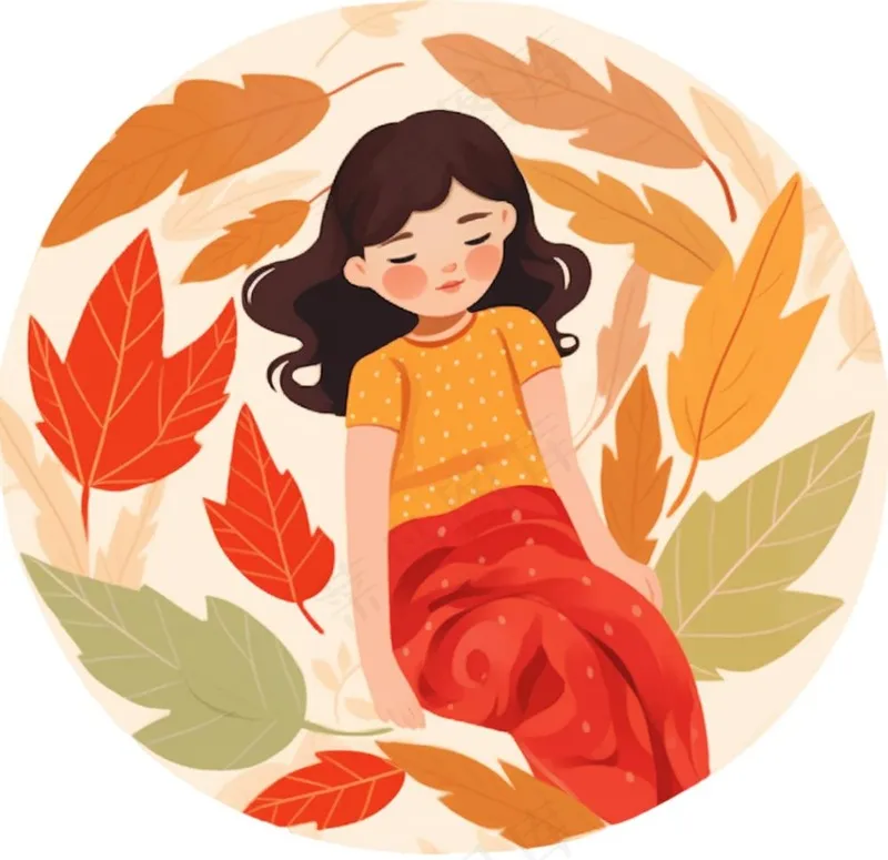 秋天躺着落叶上的女孩儿童树叶卡通插画免抠(1056x1024)