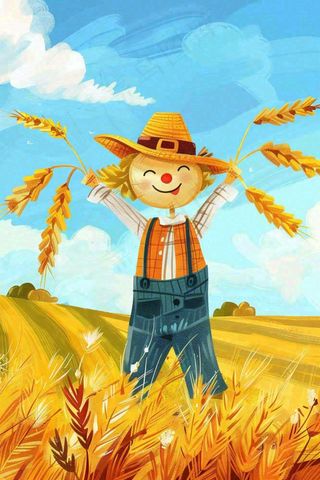 农场农田里的稻草人小麦麦穗秋收粮食芒种立秋秋分卡通插画背景