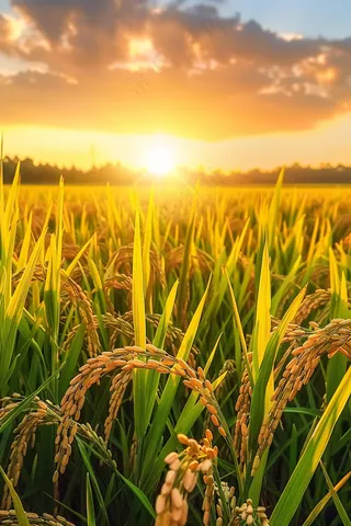 夕阳下的水稻农田稻穗摄影图