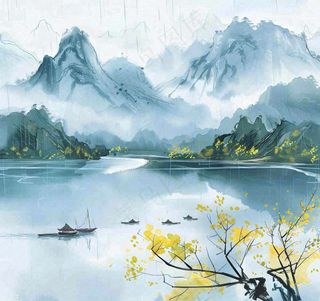 中国风水墨画江南水乡山水画天青色烟雨天清明端午雨水背景