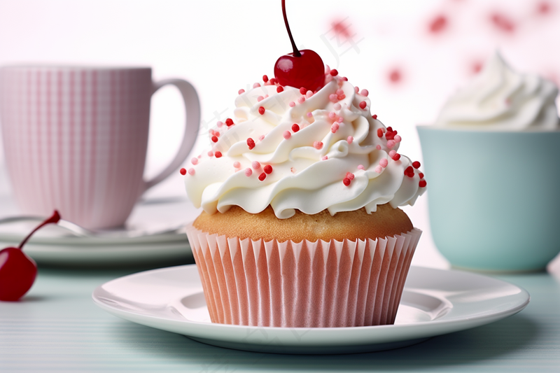 纸杯蛋糕樱桃奶油下午茶摄影图 