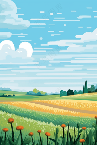 春天草坪花草盛开山野里绿色卡通插画背景